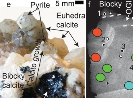 Ung biogen kalcit ifrån Kallmora-gruvan, Norberg (ifrån Drake et al., 2021)